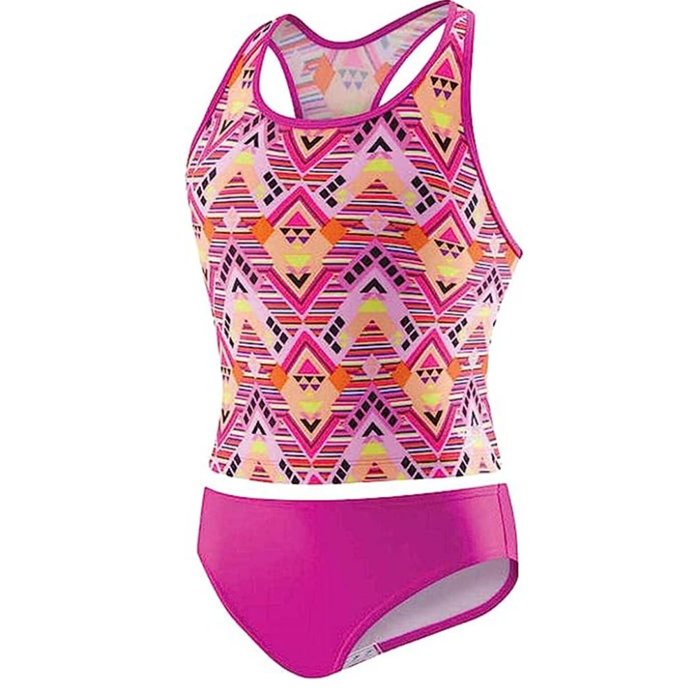 Speedo Girl's Sporty Splice Tankini 2 Piece Swimsuit, Pink Aztec